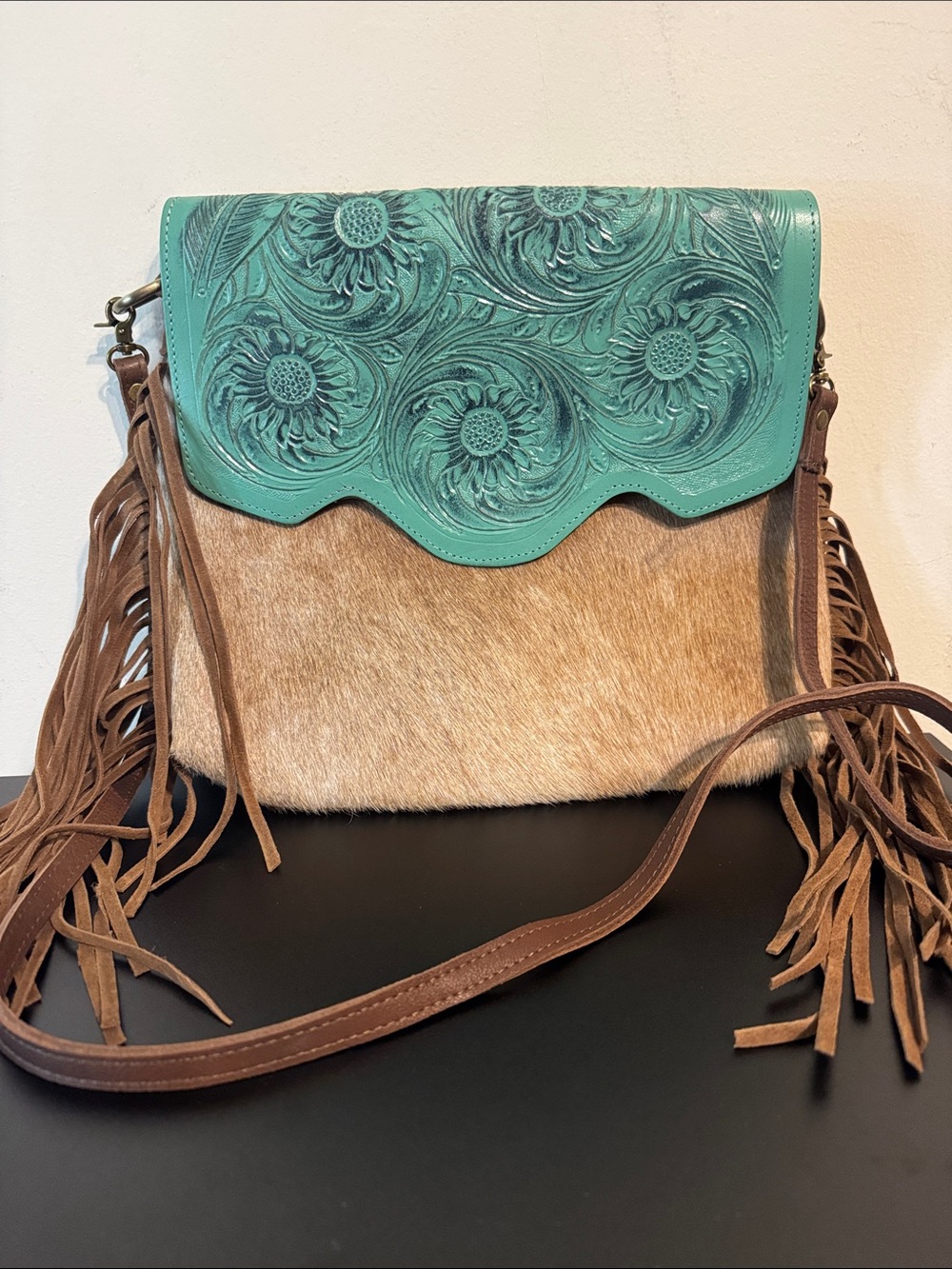Turquoise Tooled Leather & Brown Fringe Crossbody Bag